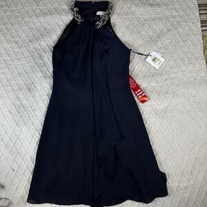 Calvin Klein Women's Navy Blue Halter Dress Size 4 Beaded Neck Cocktail NWT